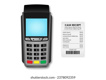 POS - Point of Sale Terminal, Credit Card Reader Machine with Cash Receipt. Vector Illustration. 