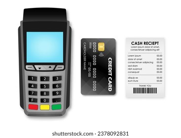 POS - Point of Sale Terminal, Credit Card Reader Machine with Credit Card and Cash Receipt. Vector Illustration. 