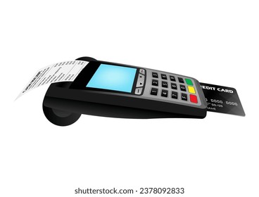 POS - Point of Sale Terminal, Credit Card Reader Machine with Credit Card and Cash Receipt. Vector Illustration. 