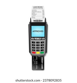 POS - Point of Sale Terminal, Credit Card Reader Machine with Credit Card and Cash Receipt. Vector Illustration. 