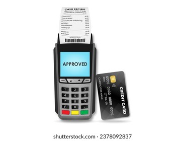 POS - Point of Sale Terminal, Credit Card Reader Machine with Credit Card and Cash Receipt. Vector Illustration. 