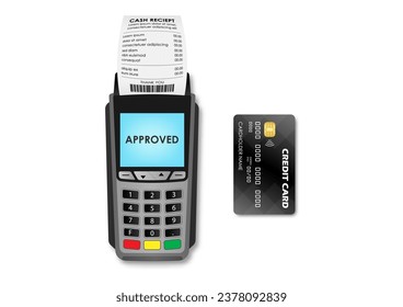 POS - Point of Sale Terminal, Credit Card Reader Machine with Credit Card and Cash Receipt. Vector Illustration. 