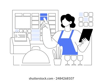 ILUSTRACIÓN VECTORIAL de concepto abstracto de software POS. Mesero de restaurante sonriente que utiliza un sistema de software POS, sector de servicios, negocio de horeca, cajero en un café, metáfora abstracta de pago de pedidos.