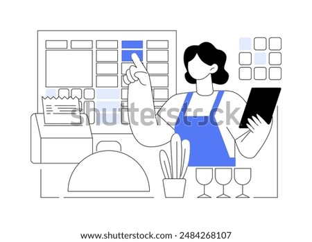 POS software abstract concept vector illustration. Smiling restaurant waiter using a POS software system, service sector, horeca business, cashier in a cafe, order payment abstract metaphor.