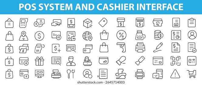 POS System and Cashier Interface Icons,  Card Reader, Receipt, Barcode, Checkout, QR Code, and More, provided in editable format EPS,  and JPG

