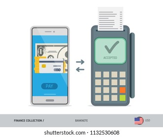 POS Terminal with 1 US Dollar Banknote. Flat style vector illustration. Finance concept.