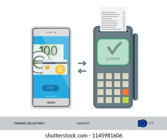 POS Terminal with 100 Euro Banknote. Flat style vector illustration. Finance concept.