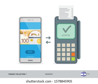 POS Terminal with 100 Israeli New Shekel banknote. Flat style vector illustration. Finance concept.