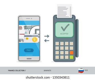 POS Terminal with 1000 Russian Ruble banknote. Flat style vector illustration. Finance concept.