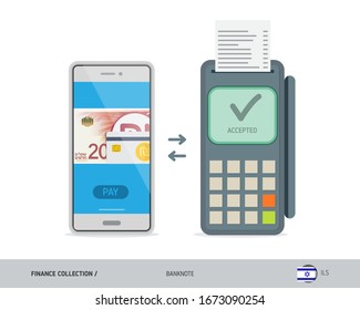 POS Terminal with 20 Israeli New Shekel banknote. Flat style vector illustration. Finance concept.