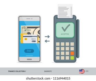POS Terminal with 20 US Dollar Banknote. Flat style vector illustration. Finance concept.