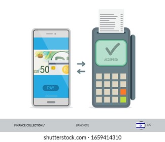 POS Terminal with 50 Israeli New Shekel banknote. Flat style vector illustration. Finance concept.