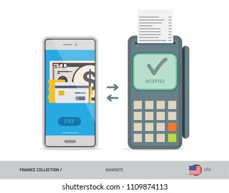 POS Terminal with 50 US Dollar Banknote. Flat style vector illustration. Finance concept.