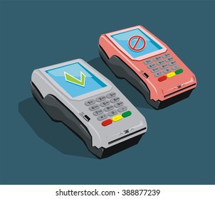 POS terminal active and broken with credit card and a check for white