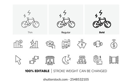 Terminal Pos, Plan de arquitecto e íconos de línea de cambio de moneda. Paquete de crecimiento de consumo, pago sin contacto, icono de gráfico decreciente. Puerta abierta, Luna, pictograma de manos de Hacer clic. Bicicleta eléctrica. Vector