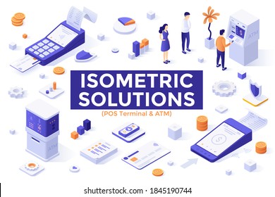 POS Terminal and ATM set - automated teller machine, people performing financial transactions, electronic point of sale. Collection of isometric design elements. Modern colorful vector illustration.