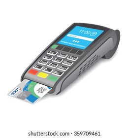 POS Terminal with a bank card on a white background