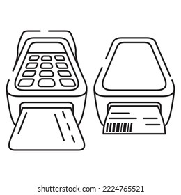 POS terminal for bank card.Payment machine and credit card.Debit card.NFC payments.Outline line icon business concept vector.Bar code printer.Label printer.