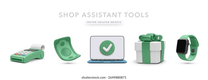 POS terminal, banknote, laptop with approval mark, gift box, and smartwatch. Vector illustration representing retail tools, digital payment, bonuses, online services, and modern shopping.