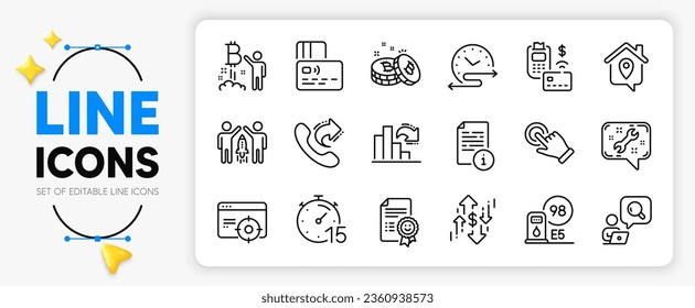 Pos terminal, Bitcoin project and Share call line icons set for app include Manual, Bitcoin, Work home outline thin icon. Dollar rate, Inspect, Seo targeting pictogram icon. Vector