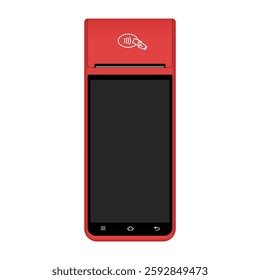 POS Terminal with black screen. Mockup of a red wireless terminal. NFC payment machine. Mobile payment. Credit cards are accepted here. Payments device. Banking equipment