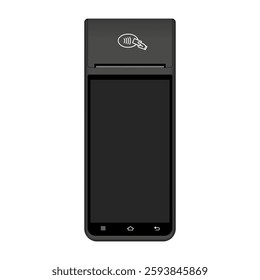 POS Terminal with black screen. Mockup of a black wireless terminal. NFC payment machine. Mobile payment. Credit cards are accepted here. Payments device. Banking equipment