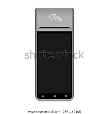 POS Terminal with black screen. Mockup of a silver wireless  terminal. NFC payment machine. Mobile payment. Credit cards are accepted here. Payments device. Banking equipment