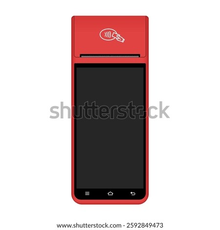 POS Terminal with black screen. Mockup of a red wireless terminal. NFC payment machine. Mobile payment. Credit cards are accepted here. Payments device. Banking equipment