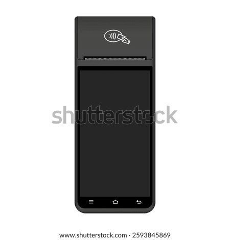 POS Terminal with black screen. Mockup of a black wireless terminal. NFC payment machine. Mobile payment. Credit cards are accepted here. Payments device. Banking equipment
