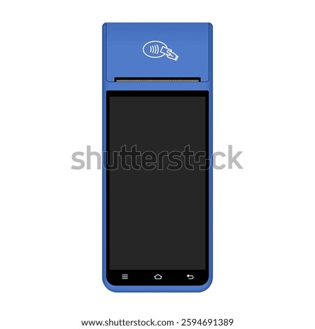 POS Terminal with black screen. Mockup of a blue wireless terminal. NFC payment machine. Mobile payment. Credit cards are accepted here. Payments device. Banking equipment