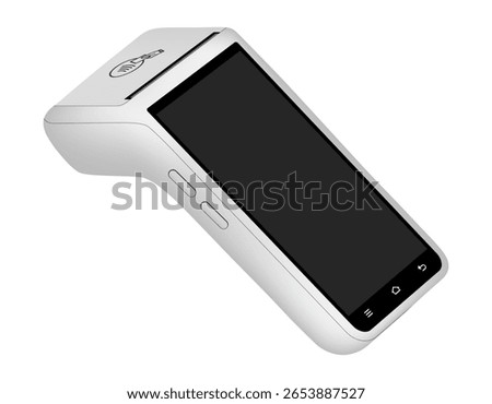 POS Terminal with black screen. Mockup of a white wireless terminal. NFC payment machine. Mobile payment. Credit cards are accepted here. Payments device. Banking equipment