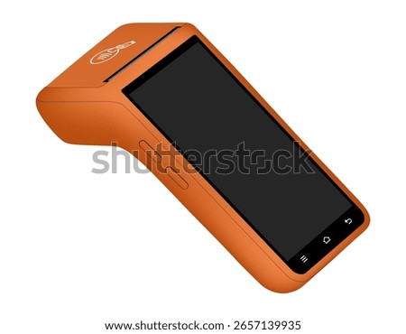 POS Terminal with black screen. Mockup of an orange wireless terminal. Payment machine. Mobile payment. Credit cards are accepted here. Payments device. Banking equipment