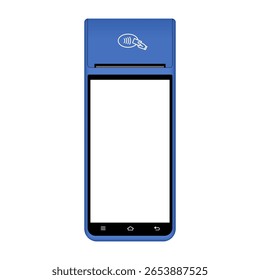 Terminal POS con pantalla azul. Maqueta de un terminal inalámbrico negro. Máquina de pago NFC. Pago móvil. Se aceptan tarjetas de crédito aquí. Dispositivo de pagos. Equipamiento bancario