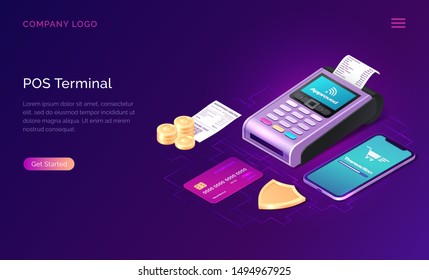 POS terminal business concept vector isometric illustration. Contactless payment security concept, point of sale payment machine, credit card and smartphone next to golden shield and coins, web banner