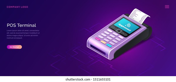 POS Terminal Business Concept Vector Isometric Illustration. Contactless Payment Security Concept, Point Of Sale Payment Machine With Paper Check, Ultraviolet Web Banner