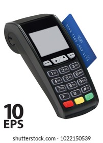Pos terminal with card isolated. Paying with credit card. Vector 3d illustration