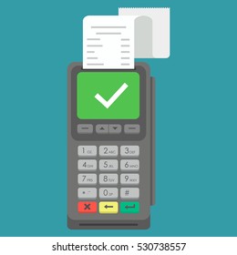 POS terminal with check and accept message on the screen. Flat design. Vector illustration. EPS10.
