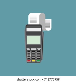 POS terminal with check. Flat design. Vector illustration.