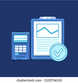 Pos terminal with clipboard, graph and check mark. Blue colors, vector, isolated.