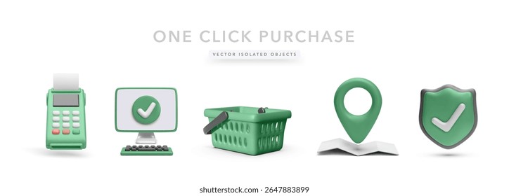 POS Terminal, Computer With Checkmark, Shopping Basket, Location Pin, and Shield Representing Online Purchase, Secure Payment, and Delivery Tracking. Vector Illustration.