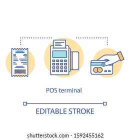 POS terminal concept icon. Electronic device idea thin line illustration. Financial transaction. Payment machine. Point of sale, purchase. Vector isolated outline drawing. Editable stroke