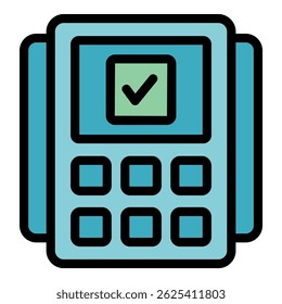 Pos terminal confirming payment with a checkmark on the screen, representing successful financial transaction