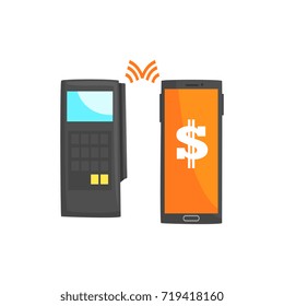 POS terminal confirming the payment using smartphone, online banking, NFC payment method  cartoon vector illustration