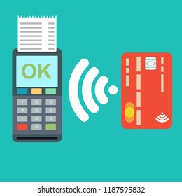 Pos terminal confirms the payment by debit credit card. Vector illustration in flat design on green background. nfc payments concept