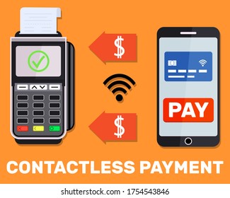 Pos terminal confirms the payment by smartphone. Vector illustration in flat design on orange background. nfc payments concept