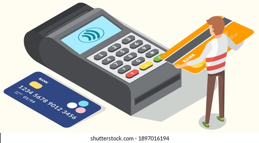 Pos terminal confirms the payment by debit credit card with a tiny man character holding payment plastic card. Reaffirms payment via smartphone, mobile payment, internet banking, E-commerce market