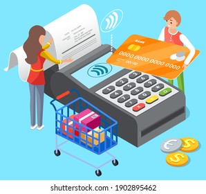 Pos Terminal Confirms The Payment By Debit Credit Card With A Tiny Man Character Holding Payment Plastic Card. Contactless Payment. NFC Technology. Pay For Purchases Using Card At Supermarket