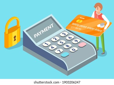 Pos terminal confirms the payment by debit credit card with a tiny man character holding payment plastic card. Reaffirms payment via smartphone, mobile payment, internet banking, E-commerce market