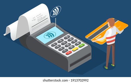 Pos terminal confirms the payment by debit credit card with a tiny man character holding payment plastic card. Reaffirms payment via smartphone, mobile payment, internet banking, E-commerce market