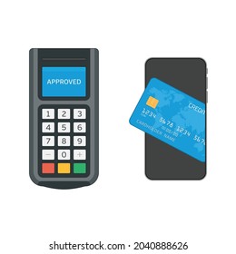 Pos terminal confirms the payment by smartphone. NFC or mobile payments concept. Near field communication technology, online banking. Vector illustration in modern flat style. EPS 10.